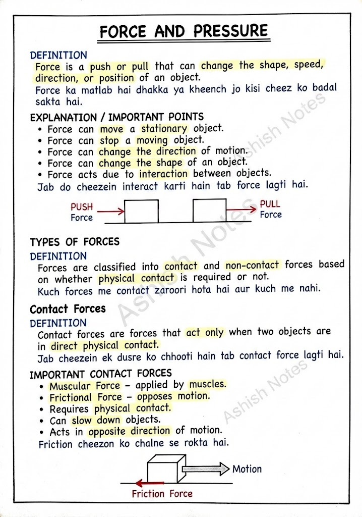 Force and Pressure Class 8 Notes